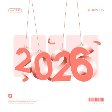 Yeni yıl tasarımları için ideal beyaz bir arkaplan ile dizgilerden askıya alınmış 3D mercan 2026 rakamları