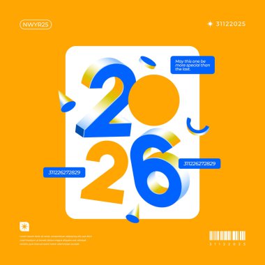 Mavi ve turuncu aksanlı sarı arka planda 2026 sayısının farklı bir çizimi Yeni Yıl kutlamaları için mükemmel.