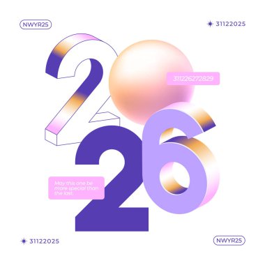 Isometric 2026 yeni yıl tasarımı beyaz arkaplan üzerinde değişken renkli sayılar ve bir küre içerir