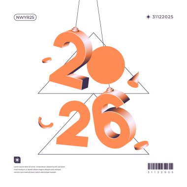 Beyaz arkaplanda geometrik şekillerle entegre üç boyutlu turuncu sayılar olan canlı bir grafik tasarımı