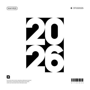 2026 yılının çeşitli uygulamalar için uygun koyu tipografisini içeren şık bir siyah beyaz grafik tasarımı
