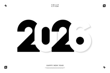 2026 yılına uygun siyah beyaz tipografik tasarım. Minimalist ve modern estetik.