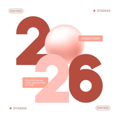 2026 yılının pembe ve terracotta tonlarında modern bir tasviri. Yeni yıl tebrik kartları ve dijital tasarımları için mükemmel bir küre.