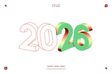 Beyaz zemin üzerinde kırmızı ve yeşil gradyan olarak 2026 3D izometrik sayılar Mutlu Yıllar metni içerir