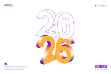 2026 sayısının turuncu ve mor olarak beyaz arkaplanda Isometric 3D tasarımı