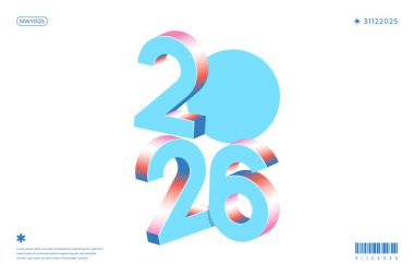 Isometric 2026 tasarım açık mavi ve pembe beyaz zemin üzerinde Modern minimalist stil