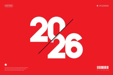 Minimalist 2026 yeni yıl tasarımı. Kırmızı zemin beyaz sayılarla çapraz olarak ayrılmış.