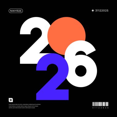 Siyah arka plan yüksek çözünürlüklü grafik üzerinde kalın sayılar, canlı renkler ve geometrik şekiller içeren 2026 yılbaşı tasarımı