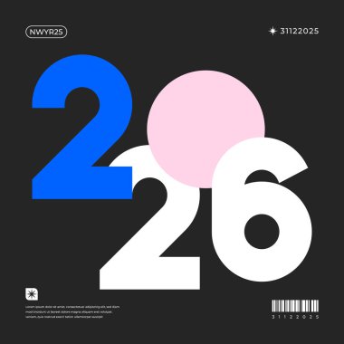 Siyah arkaplan minimalist ve modern grafiğe karşı cesur mavi ve beyaz sayılar içeren 2026 yılbaşı tasarımı.