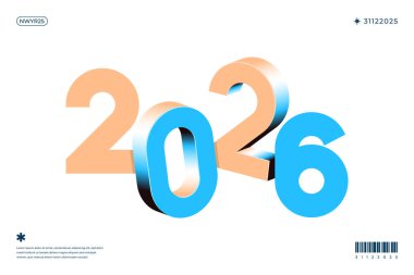 2026 yılı şeftali ve açık mavi renginde beyaz arka planda 3D canlandırma