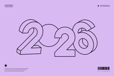 Mor arkaplan Minimalist tasarımı üzerine 2026 yılının Isometric illüstrasyonu