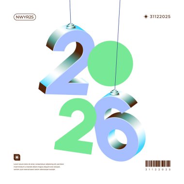 Beyaz bir arkaplanda asılı duran 2026 sayısının 3B canlandırması Açık mavi ve yeşil renk şeması