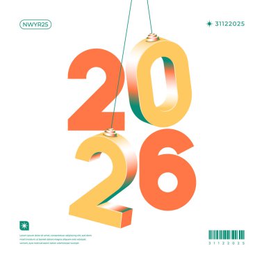 2026 Yeni Yıl rakamları 3 boyutlu olarak beyaz bir arkaplanda sallanıyor. Basit ve modern bir tasarım.