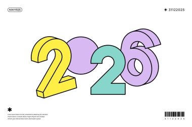 Isometric 2026 Pastel sarı nane ve mor renkte dizayn Yeni Yıl kutlamaları için ideal.