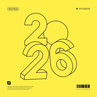 2026 yılının 3 boyutlu illüstrasyonu sarı arka plan minimalist tasarımı üzerine