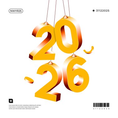 3D altın sayılar 2026 Beyaz arka planda asılı Festival tasarımları için ideal