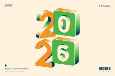 Isometric 2026 Yeni Yıl Tasarımı. Bej arka planda turuncu ve yeşil sayılar var.