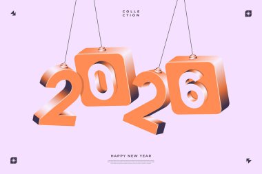 Açık mor bir arkaplan, turuncu ve beyaz renk şemasına karşı iplerden sarkan 3D 2026 görüntüsü