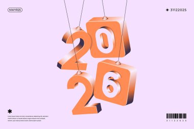 Turuncu 2026 sayısının soyut 3D canlandırması, soluk mor bir arkaplan ile dizgilerde askıya alındı