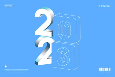 Açık mavi zemin üzerinde beyaz sayılar bulunan 2026 yılının üç boyutlu tasviri. Temiz ve modern tasarım.