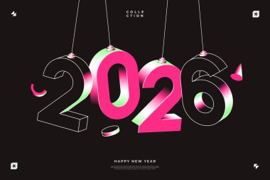 3D izometrik sayılar 2026 siyah arka planda asılı Modern Yeni Yıl Tasarımı