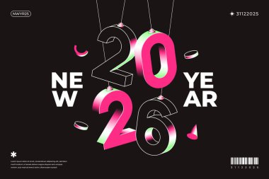 Yeni yılı temsil eden siyah bir arkaplana karşı '2026 Pembe ve siyah 3D sayılar içeren canlı bir grafik tasarımı