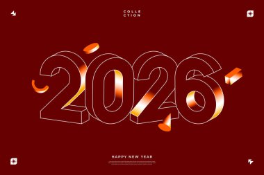 Isometric 2026 Yeni Yıl Tasarımı Kırmızı arkaplan geometrik şekilleri
