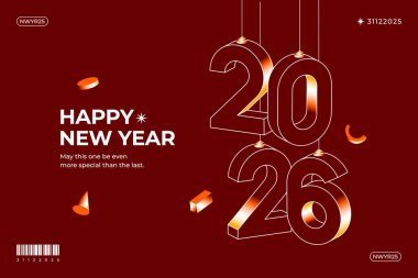 Modern ve minimalist Mutlu Yıllar 2026 tebrik kartı tasarımı. Kırmızı arka planda 3 boyutlu numaralar.