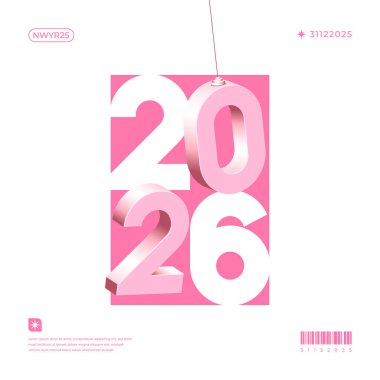 Yeni yıl kartları ve tasarımları için uygun pembe bir kareye karşı 3D pembe ve beyaz sayılar 2026