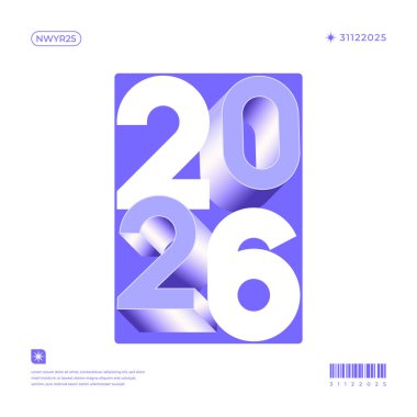 Kart afişleri ve diğer promosyon materyalleri için ideal beyaz arka plan üzerinde mor ve beyaz üç boyutlu tipografi içeren 2026 yılbaşı tasarımı