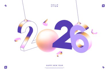 Modern 2026 Yeni Yıl tasarımı. 3 boyutlu numaralar geometrik şekiller ve bir küre. Kutlama için mükemmel.