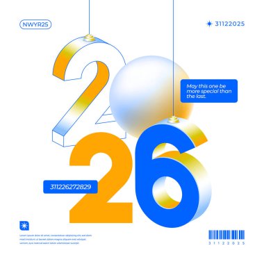 Isometric 2026 Yeni Yıl Tasarımı bir küre ve beyaz arkaplan içerir.