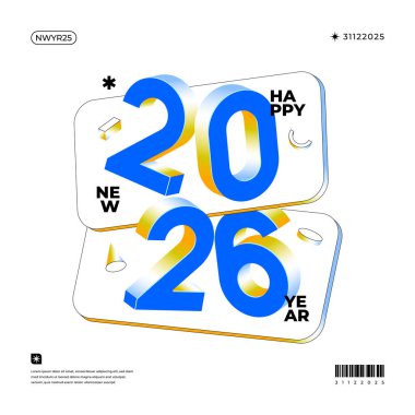 Canlı bir 2026 Yeni Yıl tasarımı. Dijital ve yazdırma projeleri için mükemmel beyaz zemin üzerinde koyu mavi ve sarı 3D numaralar var.