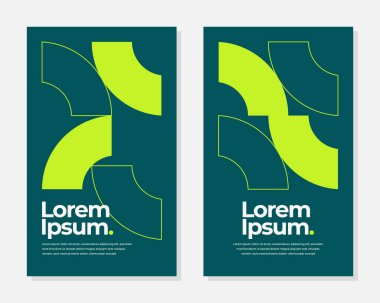 Soyut geometrik tasarımı olan iki dikey poster. Yeşil kireç çember şekilleri, deniz mavisi arka planda. Modern ve minimalist tarzda.