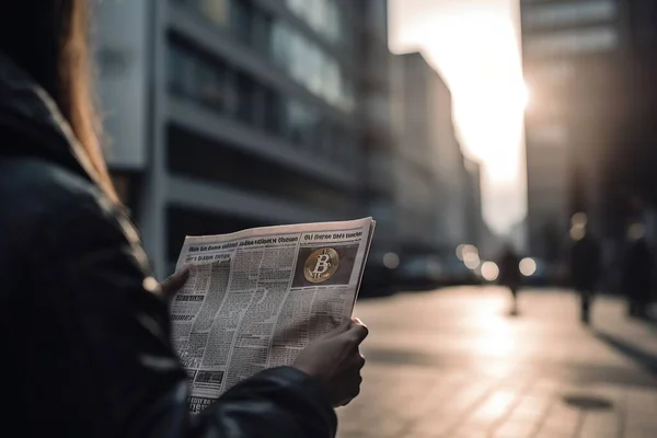 Achteraanzicht Van Gewas Anonieme Vrouwelijke Lezing Krant Terwijl Staan Straat — Stockfoto