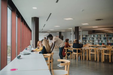 Geniş modern kütüphanede dizüstü bilgisayar kullanarak ödevlerini yaparken gülümseyen ve iletişim kuran gündelik giyinmiş genç ve çok ırklı erkek ve kız öğrencilerin yan görünüşü