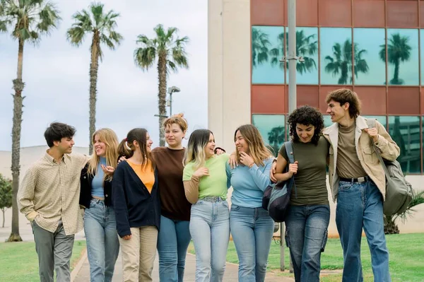 一群笑容满面的年轻多民族学生朋友 手牵着手 站在绿茵的草坪旁 边走边对视镜像 边聊着天 — 图库照片