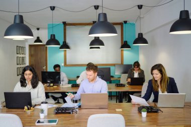 Geniş, modern iş yerlerindeki masalarda otururken dizüstü bilgisayar kullanan çok ırklı iş arkadaşları.