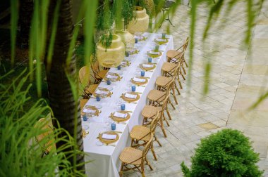Yaz bayramında terasa yeşil bitkilerle birlikte bulaşık takımları ve camlarla dolu masanın üstünden.