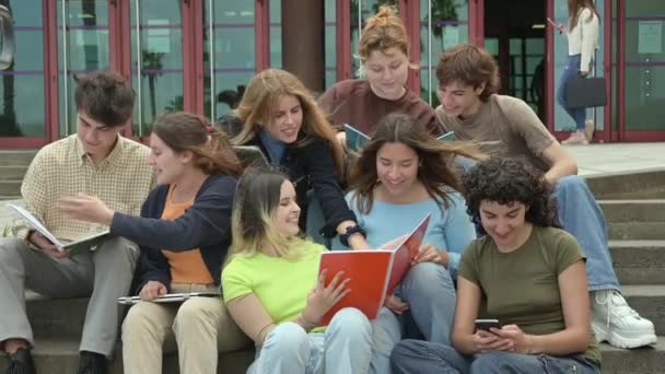 Giovani Studenti Maschi Femmine Multirazziali Positivi Abiti Casual Sorridenti Che — Video Stock