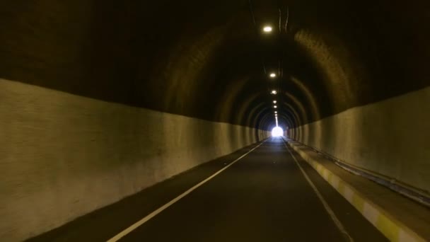 Záběr Vozidla Reálném Čase Projíždějícího Úzkým Tunelem Metra Kolejnicemi Svítícími — Stock video