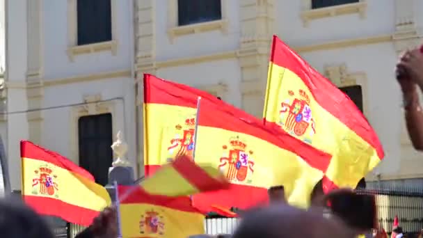 数百名身份不明的抗议者挥舞着西班牙国旗 — 图库视频影像
