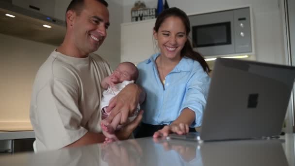Handheld Shot Glad Mother Father Admiring Sleeping Infants Browsing Netbook — Stock Video