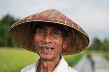 Konik şapkalı yaşlı erkek çiftçinin portresi gündüz pirinç tarlasında dikilirken kameraya gülümsüyor.