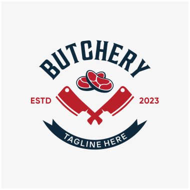 Antika kasap dükkanı etiketi, amblemi, rozet logosu tasarımı için çapraz satır bıçağı ve et.