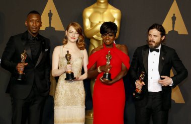 Viola Davis, Casey Affleck, Mahershala Ali ve Emma Stone, 89 yıllık Akademi Ödülleri - basın odası Hollywood ve Highland Center Hollywood, ABD'de 26 Şubat 2017 düzenlenen.