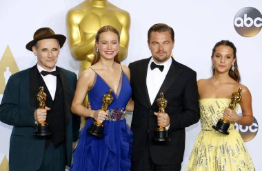 Mark Rylance, Alicia Vikander, Brie Larson and Leonardo DiCaprio at the 88th Annual Academy Awards - Press Room held at the Loews Hollywood Hotel in Hollywood, USA on February 28, 2016. clipart