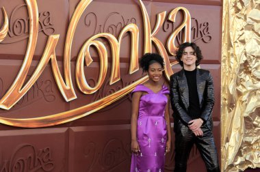 Calah Lane ve Timothee Chalamet, 10 Aralık 2023 'te ABD' nin Westwood kentindeki Regency Village Theater 'da düzenlenen' Wonka 'nın Los Angeles galasında.