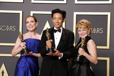 Anne Morgan, Kazu Hiro and Vivian Baker at the 92nd Academy Awards - Press Room held at the Dolby Theatre in Hollywood, USA on February 9, 2020. clipart