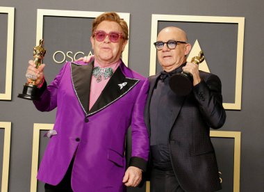 Elton John ve Bernie Taupin, 9 Şubat 2020 'de Hollywood Dolby Tiyatrosu' nda düzenlenen 92. Akademi Ödülleri Basın Odası.